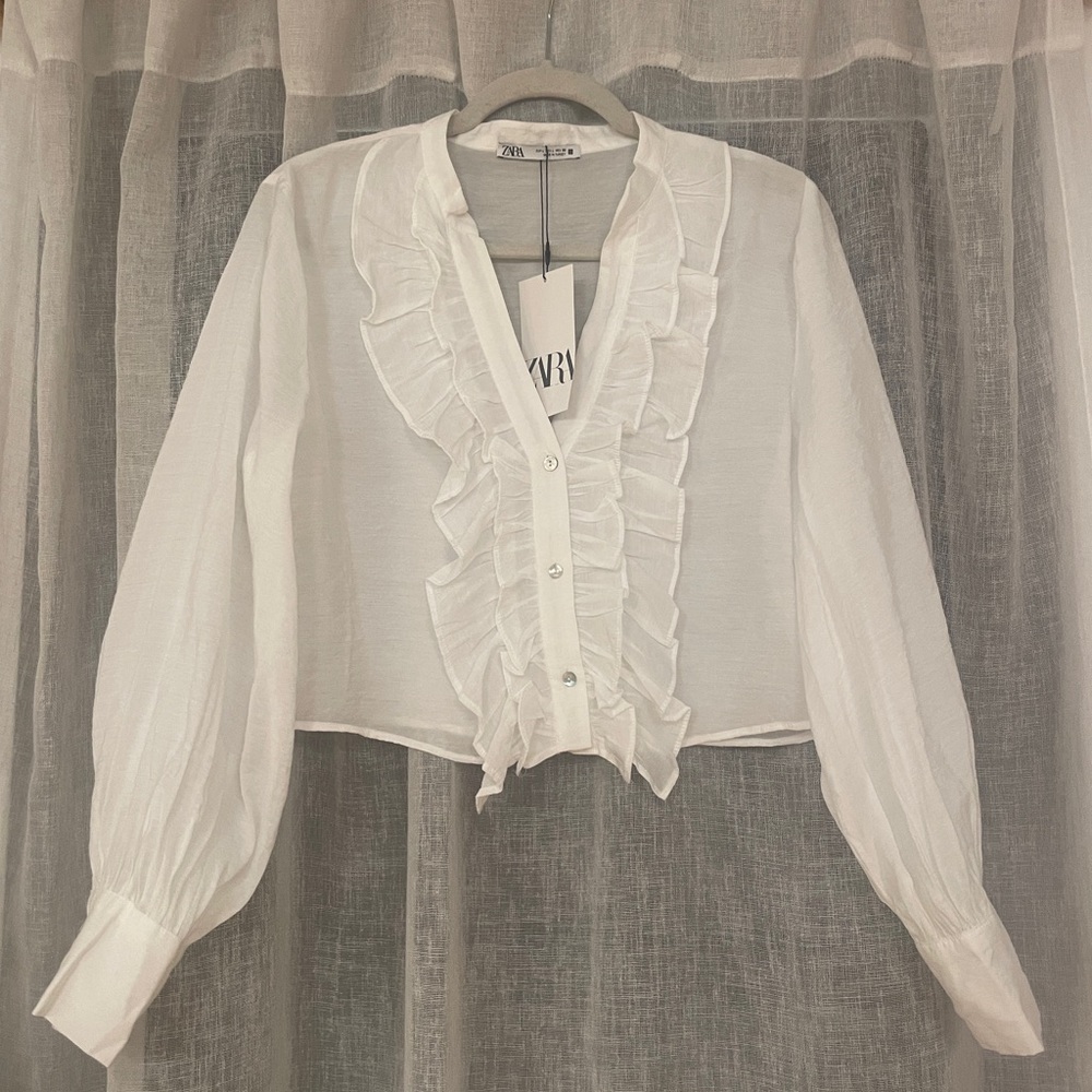NWT Zara White Femme Romantic Ruffled Boho Cropped Top